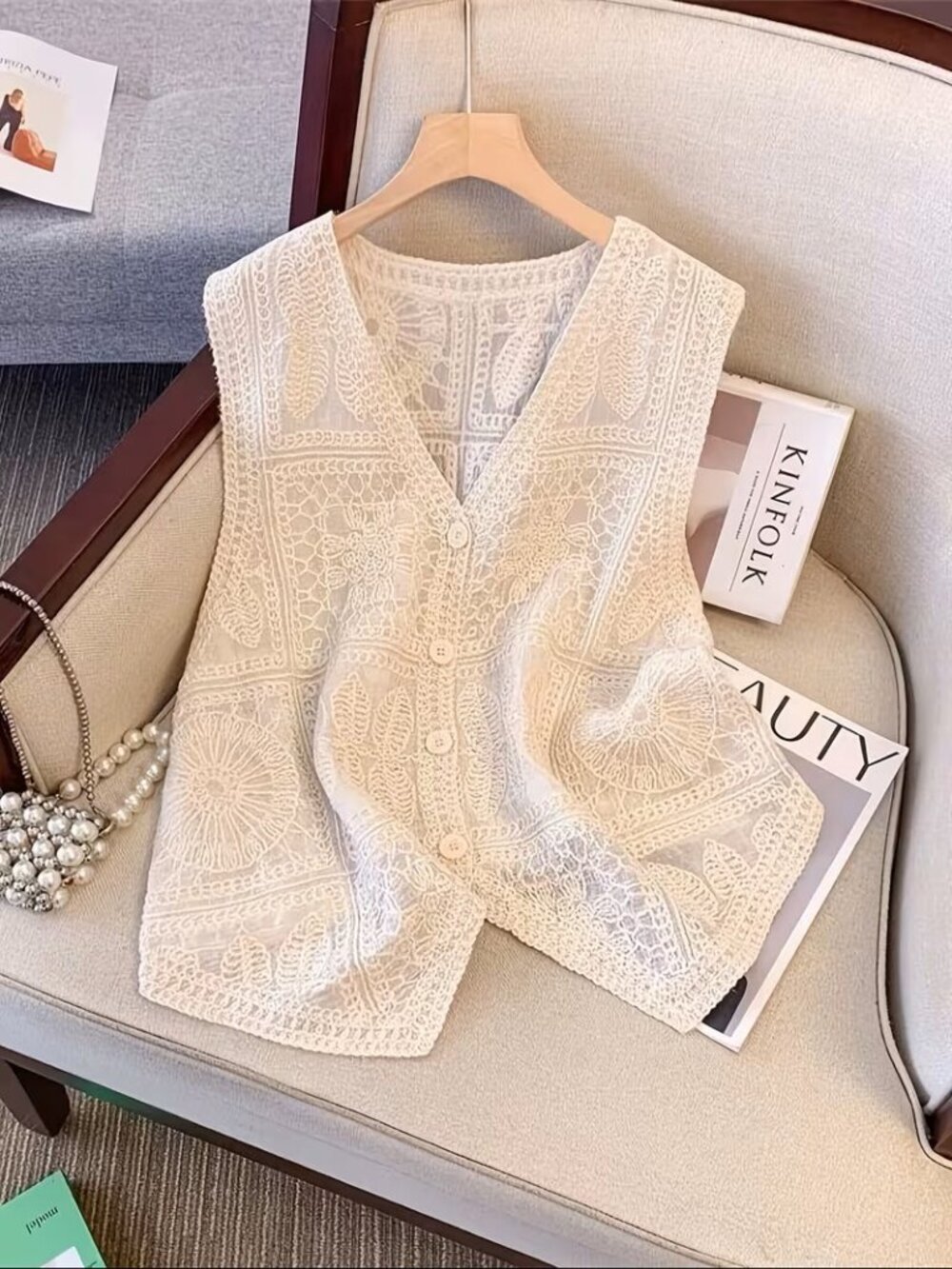 Unbranded White Crochet Knit Vest V-Neck Button Front Boho Open NEW Sz S/M